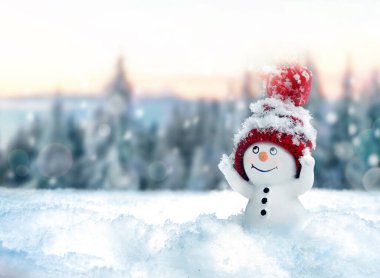 Kışın kar üzerinde şapkalı küçük bir kardan adam. Komik bir kardan adamla şenlik geçmişi. Noel kartı, kopyalama alanı.