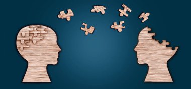 Kafalar ve düzensizlik yap-boz beyni, dünya akıl sağlığı günü, Alzheimer ve Psikoloji konsepti