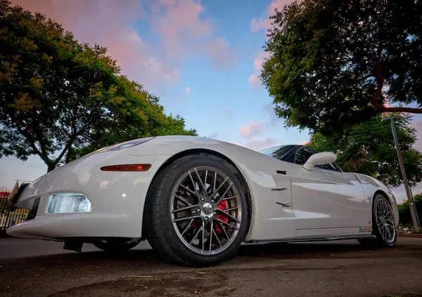 Beyaz bir Chevrolet Corvette Z06 'nın arka planda ağaçlarla mavi bir gökyüzünün altında park edilmiş alçak açılı görüntüsü. Sadece editör kullanımı. 