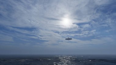 Okyanusun üstünde bir UFO. 3d hazırlayıcı. 