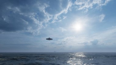 Okyanusun üstünde bir UFO. 3d hazırlayıcı. 