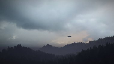 Dağların üzerinde bir UFO. 3B illüstrasyon. 