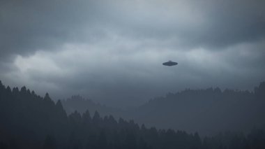 Dağların üzerinde bir UFO. 3B illüstrasyon. 