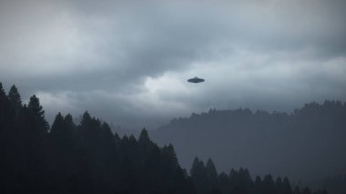 Dağların üzerinde bir UFO. 3B illüstrasyon. 