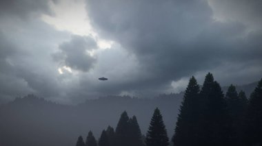 Dağların üzerinde bir UFO. 3B illüstrasyon. 