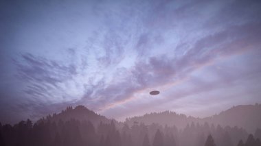 Dağların üzerinde bir UFO. 3B illüstrasyon. 