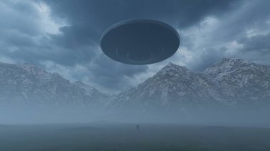 Üç boyutlu illüstrasyon. Sisteki dağlarda bir UFO ile temas..