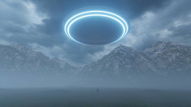 Üç boyutlu illüstrasyon. Sisteki dağlarda bir UFO ile temas..