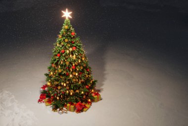 Altında hediyelerle süslenmiş Noel ağacı, dışarıda, karın altında. 3d hazırlayıcı