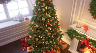 Altında hediyeler ve şöminesi olan süslü bir Noel ağacı olan bir oda. 3 Boyutlu Hazırlama