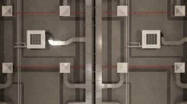 Elektrik ve havalandırma sistemleri, kablolar ve metal borular modern bir bina, otopark veya fabrika içinde. Tavanın altındaki iletişim. 3B görüntüleme.