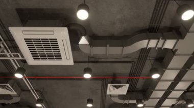 Elektrik ve havalandırma sistemleri, kablolar ve metal borular modern bir bina, otopark veya fabrika içinde. Tavanın altındaki iletişim. 3B görüntüleme.