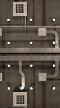 Elektrik ve havalandırma sistemleri, kablolar ve metal borular modern bir bina, otopark veya fabrika içinde. Tavanın altındaki iletişim. 3B görüntüleme.