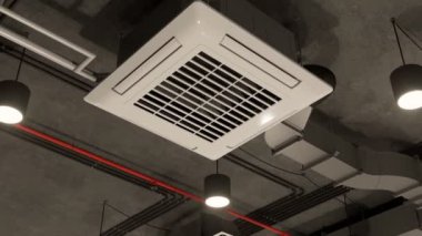 Elektrik ve havalandırma sistemleri, kablolar ve metal borular modern bir bina, otopark veya fabrika içinde. Tavanın altındaki iletişim. 3B görüntüleme.