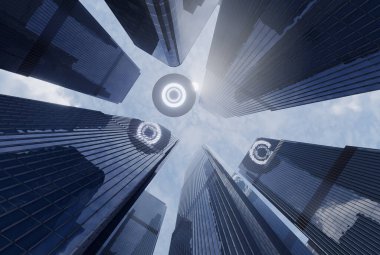 UFO gökdelenlerin üzerinde uçuyor. 3B görüntüleme 