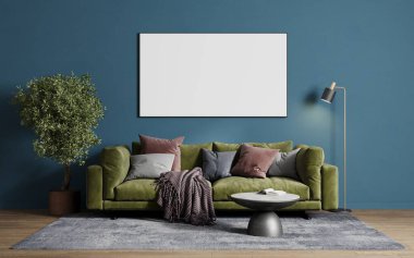 Kanepenin üstündeki oturma odasında resim ya da fotoğraf için boş çerçeve. 3B görüntüleme