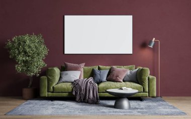 Kanepenin üstündeki oturma odasında resim ya da fotoğraf için boş çerçeve. 3B görüntüleme