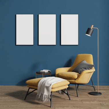 Sarı koltuğun üstündeki oturma odasında boş resim ya da fotoğraf çerçevesi. 3B görüntüleme