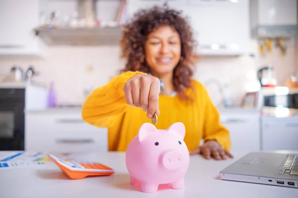 Smiling Black Woman Saving Goal Future Retirement Plan Focus Piggy — Zdjęcie stockowe