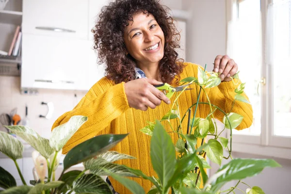 Black woman successful green thumb taking care of home plants