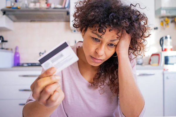 Black Woman Worried Denies Credit Card Payment Telifsiz Stok Imajlar
