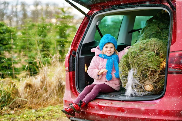 Imádnivaló Kislány Karácsonyfával Családi Autóban Boldog Egészséges Csecsemő Gyermek Téli — Stock Fotó
