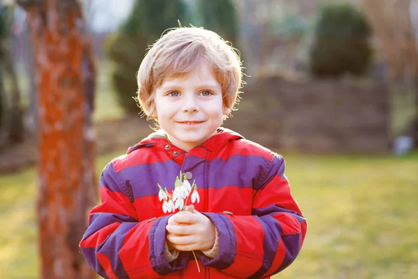 Cute Little Kid Boy Holding Snowdrop Flowers Outdoors Sunset Happy — Stock Photo, Image