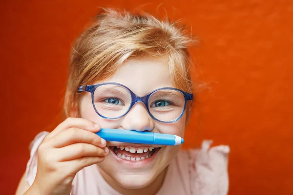 Happy Cute Little Preschooler Girl Glasses Holding Colorful Pencils Making — Stockfoto