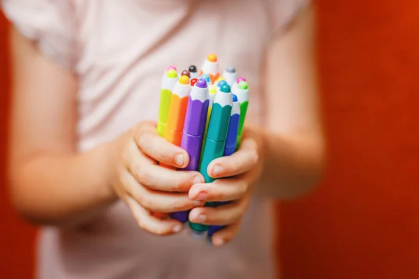 Closeup Hands Little Preschooler Girl Holding Colorful Pencils Playful Child — Stockfoto