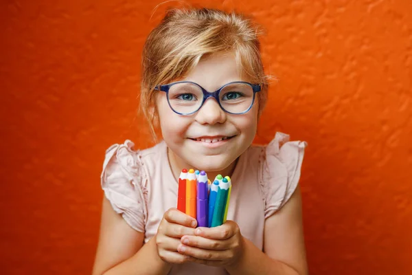 Happy Cute Little Preschooler Girl Glasses Holding Colorful Pencils Making — Zdjęcie stockowe