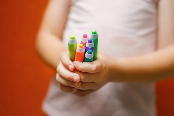 Closeup Hands Little Preschooler Girl Holding Colorful Pencils Playful Child — Foto de Stock