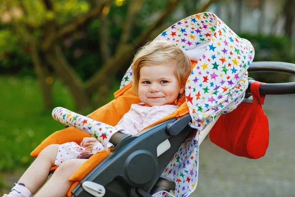 Bebek Arabasında Bebek Arabasında Oturan Yürüyüşe Çıkan Tatlı Gülümseyen Bir — Stok fotoğraf