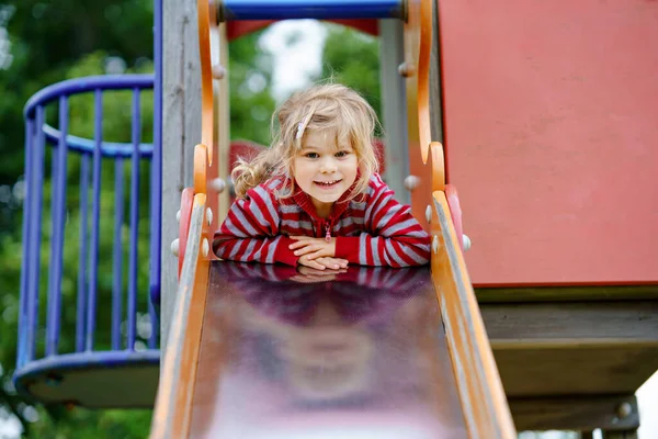 Little Preschool Girl Playing Outdoor Playground Happy Toddler Child Climbing — Stock Photo, Image