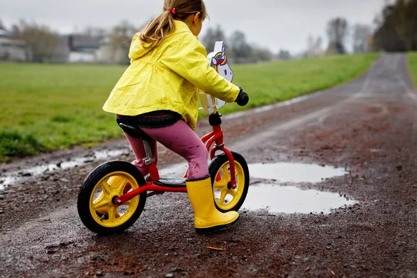 Little Toddler Girl Wearing Yellow Rain Gum Boots Running Balance — Stock Photo, Image