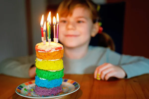 Happy Little Preschool Girl Celebrating Birthday Closeup Child Homemade Rainbow — Stockfoto
