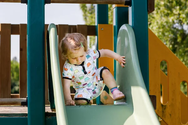 Happy Blond Little Toddler Girl Having Fun Sliding Outdoor Playground — Stock Photo, Image