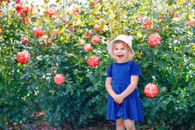 Çiçek açan gül bahçesinde küçük bir kızın portresi. Yaz güneşli bir günde parkta güllerle ve çiçeklerle eğlenen sevimli güzel bir çocuk. Mutlu gülümseyen bebek
