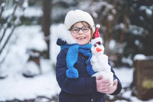 Cute Little Preschool Girl Glasses Making Mini Snowman Adorable Healthy — Photo