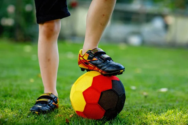 Close Feet Kid Boy Football Soccer Shoes German National Colors — Stock Photo, Image