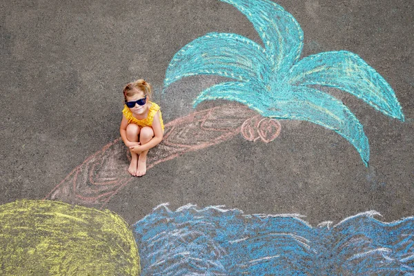 Happy Little Preschool Girl Swimsuit Inflatable Ring Sea Sand Palm — Foto de Stock