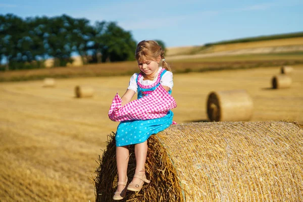Cute Little Kid Girl Traditional Bavarian Costume Wheat Field Happy — Stock Photo, Image