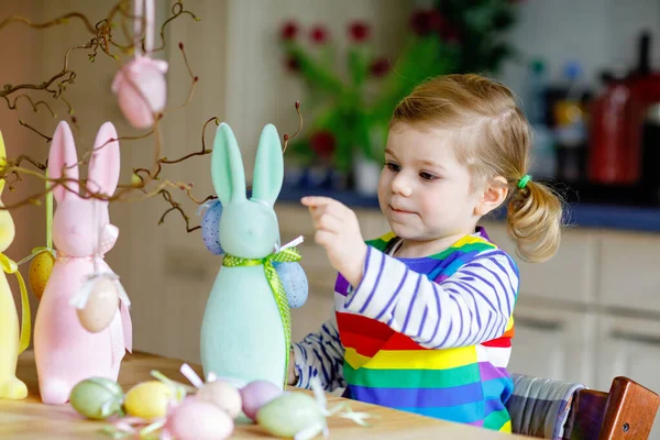 Cute Little Toddler Girl Decorating Tree Bunny Colored Pastel Plastic — Stock Photo, Image