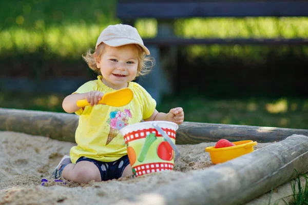 Happy Toddler Girl Playing Sand Outdoor Playground Baby Having Fun — Stockfoto