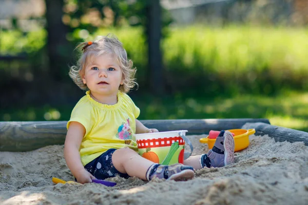 Happy Toddler Girl Playing Sand Outdoor Playground Baby Having Fun — Foto de Stock