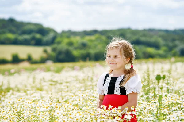 Little Preschool Girl Daisy Flower Field Cute Happy Child Red — Stockfoto