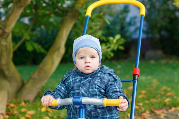 Cute Little Boy Playing Tricycle Bike Outdoors Happy Child Play — Stock Photo, Image