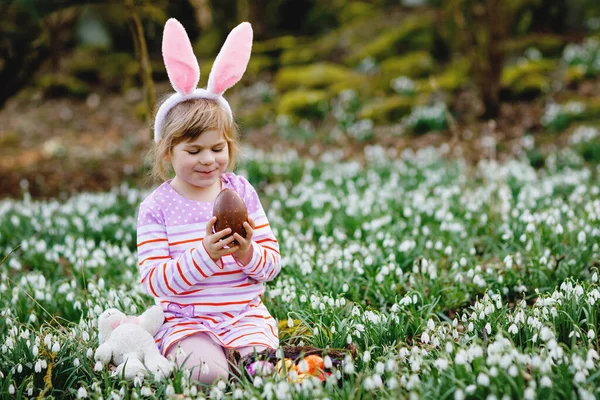 Little girl with Easter bunny ears making egg hunt in spring forest on sunny day, outdoors. Cute happy child with lots of snowdrop flowers, huge chocolate egg and colored eggs