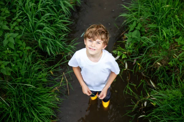 Happy Little School Kids Boy Having Fun Walking Water River — Stock Photo, Image