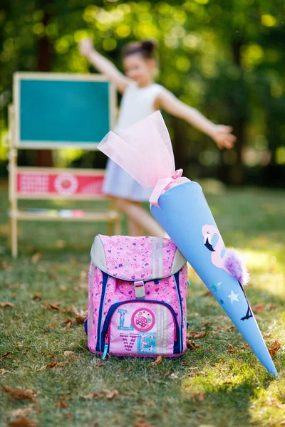 Happy Little Kid Girl Backpack Satchel Big School Bag Cone — Stock Photo, Image