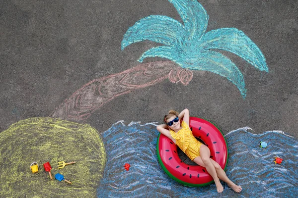 Happy Little Preschool Girl Swimsuit Inflatable Ring Sea Sand Palm — Fotografia de Stock